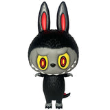 A mischievous collectible, the Zimomo- Devil vinyl figurine by How2Work (HK) stands upright with large pointed ears, yellow spiral eyes, sharp teeth, black fur, and arms slightly outstretched.