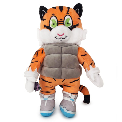 An urban art piece depicting the King Tiger Plush by Ali Six wearing sneakers created by an artist.
