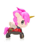 This charming, miniature unicorn figure features pink hair and a golden horn, adorned in a stylish red and black ensemble. Part of the Tokidoki x Arcane League of Legends Unicorno Blind Box collection, it beautifully embodies the enchanting essence of this collaboration.