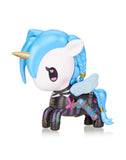 Presenting the enchanting Tokidoki x Arcane League of Legends Jinx Limited Edition, a small unicorn figurine featuring striking blue hair, a golden horn, and a black-striped body. Embellished with a belt and wing accessory, this creation by Tokidoki is truly mesmerizing.