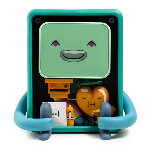 The Kidrobot (US) BMO 8" Vinyl Art Figure features a teal, box-shaped BMO with a smiling screen, open front panel revealing colorful components, and a small orange character inside—ideal for Adventure Time fans and art toy collectors.