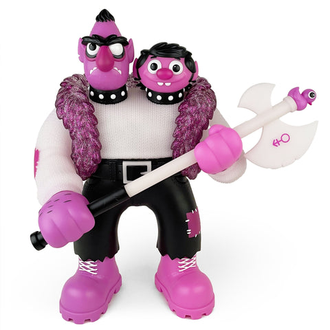 Bernie — Purple Reign Rotofugi Exclusive by UFO Toys (US) is a limited edition pink and purple sofubi with two heads, a textured vest, and a double-headed axe featuring a small face—perfect for unique toy collectors.