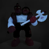 Bernie — Purple Reign Rotofugi Exclusive by UFO Toys (US) is a limited edition two-headed sofubi toy in a white shirt and dark pants, holding a glowing white axe in a dimly lit room.