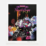 Illustration of two cartoonish, masked characters on a motorcycle with 