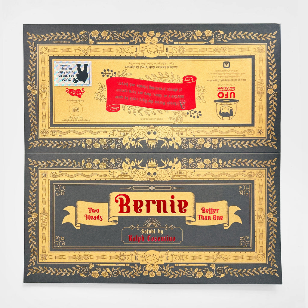 A decorative, gold and black certificate paper with red text reading “Bernie — Purple Reign Rotofugi Exclusive” by UFO Toys (US), featuring ornate borders, a reversed stamp, and celebrating the limited edition sofubi release.