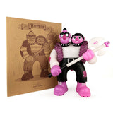 Bernie — Purple Reign Rotofugi Exclusive by UFO Toys (US) is a limited edition, two-headed pink and black sofubi cartoon monster with an axe, displayed in front of matching illustrated packaging—perfect for collectors.