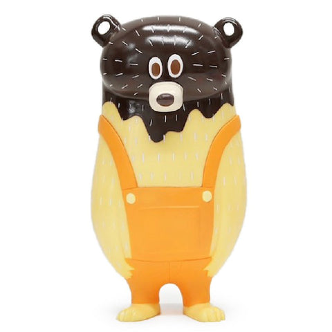 A bear-shaped toy with a two-tone brown and yellow body wearing orange overalls, BG Bear — Chocolate Ice Cream from How2Work (HK).