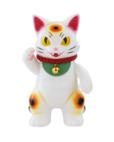 The Konatsuya Boss Negora — Lucky Cat is a white figurine with yellow and black spots, a red collar, green bib, gold bell, and raised left paw—a delightful collectible for fans.