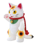 The Boss Negora — Lucky Cat by Konatsuya is a white ceramic figurine with yellow and black spots, yellow eyes, green bib, red collar, and raised paw—an irresistible collectible for Maneki-neko fans.