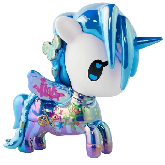 The Tokidoki X Arcane Blue Mayhem Jinx Special Edition by tokidoki features a shiny blue and purple Unicorno figurine with a horn, butterfly on its ear, and graffiti-style details, making this limited edition piece perfect for collectors.