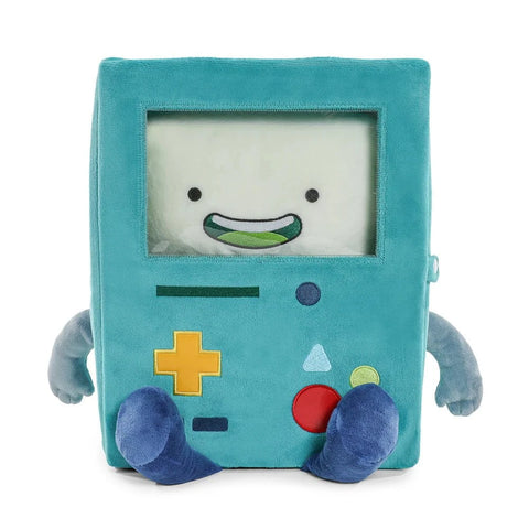 The Kidrobot (US) BMO 12" Glow in the Dark Interactive Plush is a teal, game console-shaped toy with a smiling face, button details, and soft limbs—perfect for bringing Adventure Time’s beloved BMO to life.