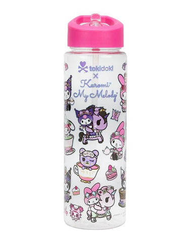 A clear water bottle with a pink lid features colorful illustrations of Kuromi and My Melody characters along with the text "Tokidoki tokidoki x Kuromi & My Melody Garden Party Water Bottle" on the side, making it a delightful accessory for any fan.