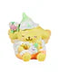 A yellow bear collectible from Tokidoki x Hello Kitty and Friends Butterfly Garden Blind Box by Rotofugi relaxes in a white donut float, holding a drink and flower—ideal for expanding your collection.