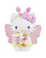 A white cartoon cat figurine with pink wings, purple eyes, and a pink flower headband holds a matching flower—one of the cute Tokidoki x Hello Kitty and Friends Butterfly Garden Blind Box figures by Rotofugi.