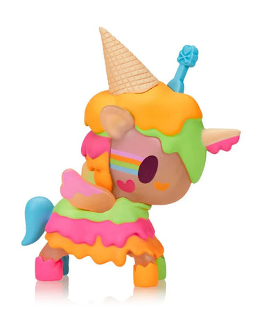 The Tokidoki Ice Cream Shop Unicorno - Neon Melty (Special Edition) features a vibrant pastel design with an ice cream cone horn and rainbow stripes, capturing the whimsical style of this special Tokidoki collectible.