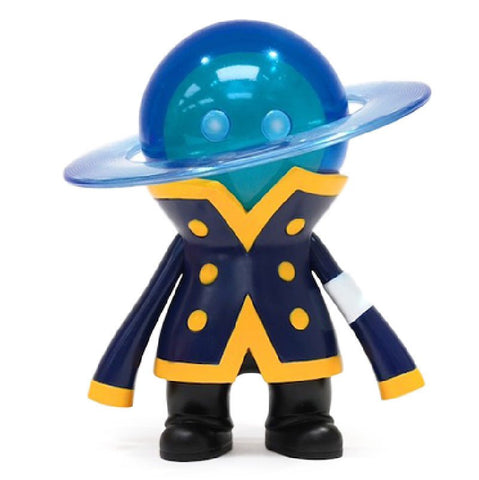A small toy figure with a blue dome head, a wide brim hat, and wearing a navy coat with yellow trim, and black boots from How2Work (HK) named Captain.