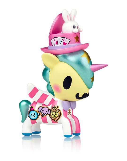 A Tokidoki Carnival Unicorno Metallico Series toy wearing a hat on its head from the tokidoki Carnival collection.