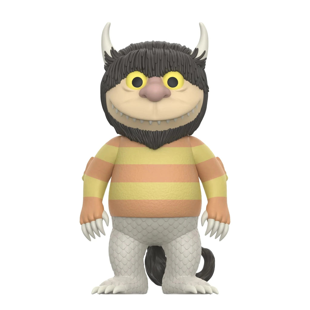 The Where the Wild Things Are ReAction Figure - Carol by Super 7 (US) stands upright with yellow eyes, gray horns, a striped yellow-orange shirt, scaly legs, and claws—faithful to Maurice Sendak’s classic character.