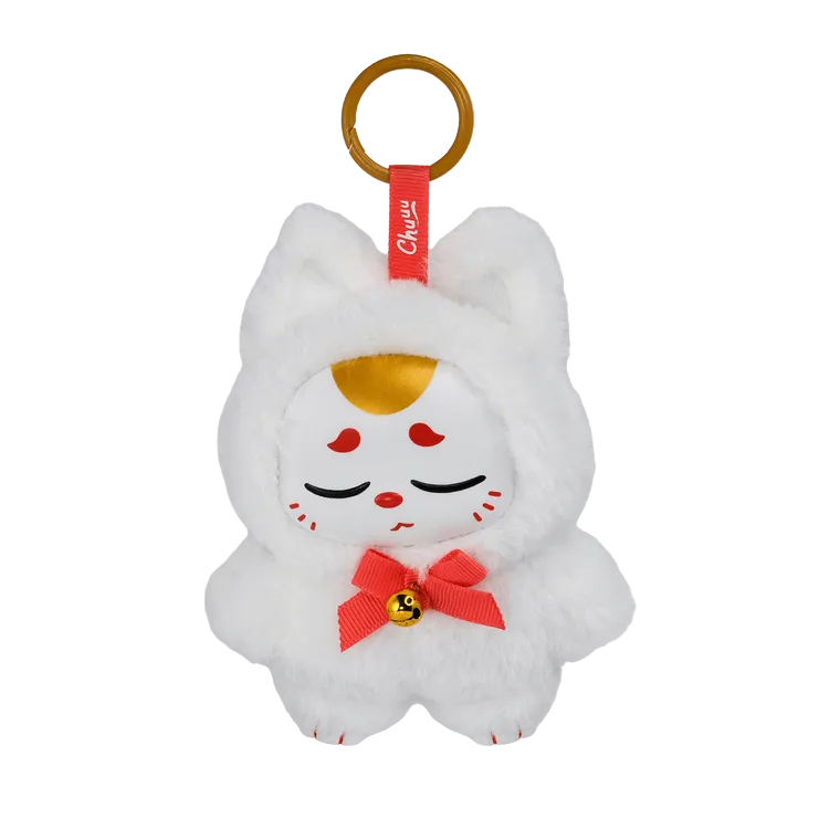 A plush keychain shaped like a white cat with closed eyes, red markings, a golden spot on its forehead, a red bow with a bell, and a gold keyring attached to a red fabric loop—this adorable Chuu Collectible Bag Clip Blind Box from Kaleidos Creative is perfect for fans of magical sprites and cute accessories.