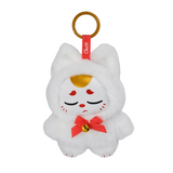 A plush keychain shaped like a white cat with closed eyes, red markings, a golden spot on its forehead, a red bow with a bell, and a gold keyring attached to a red fabric loop—this adorable Chuu Collectible Bag Clip Blind Box from Kaleidos Creative is perfect for fans of magical sprites and cute accessories.