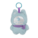 Introducing the Chuu Collectible Bag Clip Blind Box by Kaleidos Creative—a plush keychain shaped like a chubby, light blue cat named Chuuu. Featuring closed eyes, a snowflake on its forehead, and a cozy purple scarf, this magical sprite companion comes with a convenient blue clip for easy attachment to your bag or keys. Perfect for collectors and cat lovers alike!.
