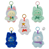 Five plush cat keychains from the Kaleidos Creative Chuu Collectible Bag Clip Blind Box, featuring pastel and vibrant colors, each with closed eyes, bows, and unique decorations—displayed against a white background—these magical sprites are the perfect whimsical accessory for any bag or collection.