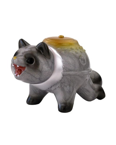 A limited edition Chagara — Silver Rat ceramic figurine by Konatsuya, featuring a gray rat with a yellow dish on its back, mouth open, and standing on all four legs.