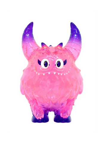 The Little Hut (HK) Rangeas Rex Jr. — Clear Pink is a collectible toy monster with large horns, big eyes, small fangs, and a bumpy clear pink texture, shown standing against a white background.