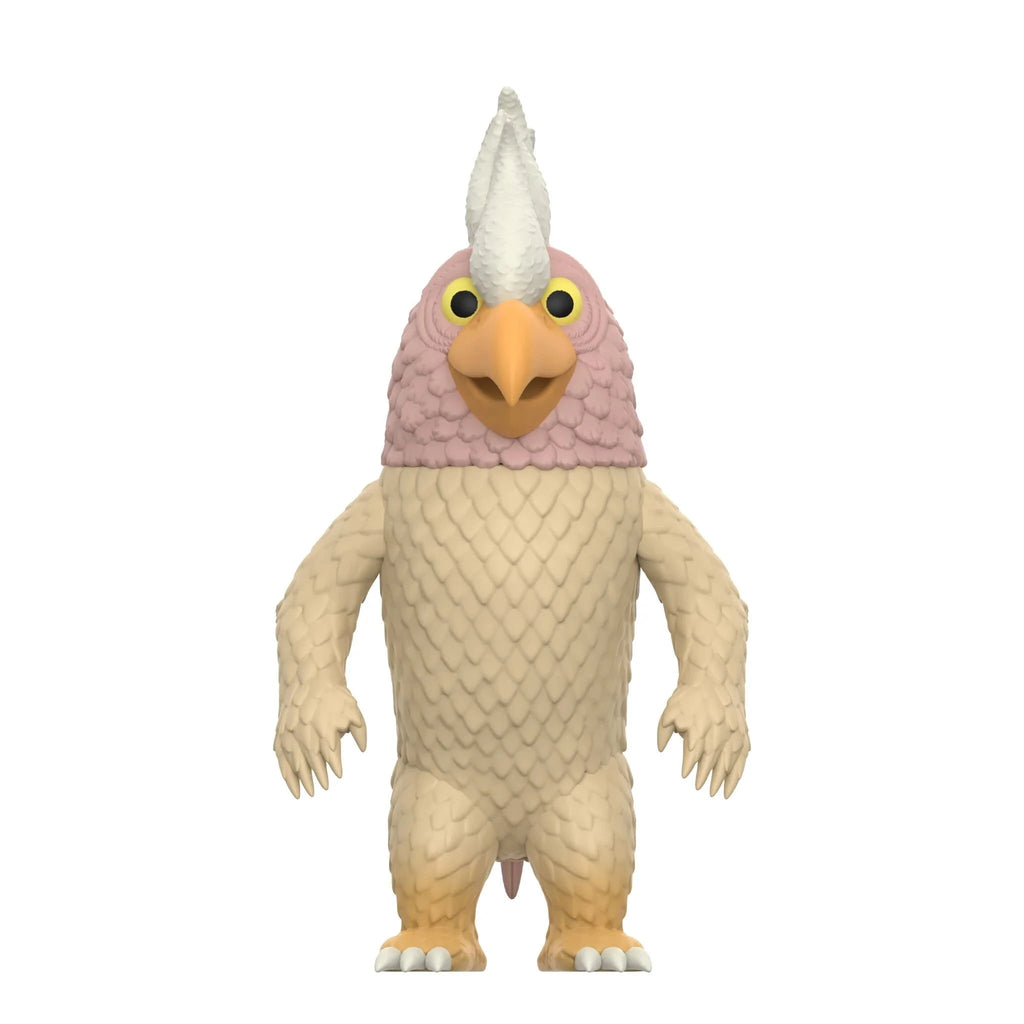 A humanoid creature with pink and beige feathers, yellow beak, wide yellow eyes, clawed hands, and bird-like feet stands upright—a Super7 (US) Where the Wild Things Are ReAction Figure - Douglas—against a white background.