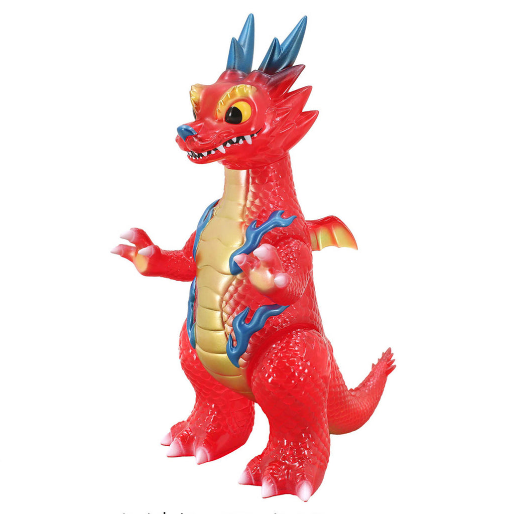 A red dragon toy with a yellow belly, blue accents, and small wings stands upright displaying its claws, resembling the Daioh Ryudora — Red Dragon crafted by Konatsuya (JP).