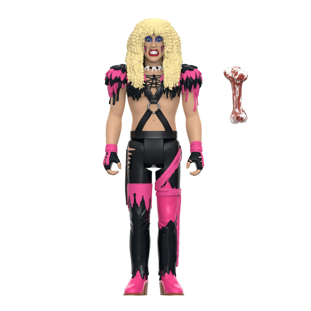 A Twisted Sister ReAction Figure of a wrestler wearing a black and pink outfit with a spiked blonde wig, inspired by Dee Snider, and carrying a bone weapon. (Brand: Super 7)