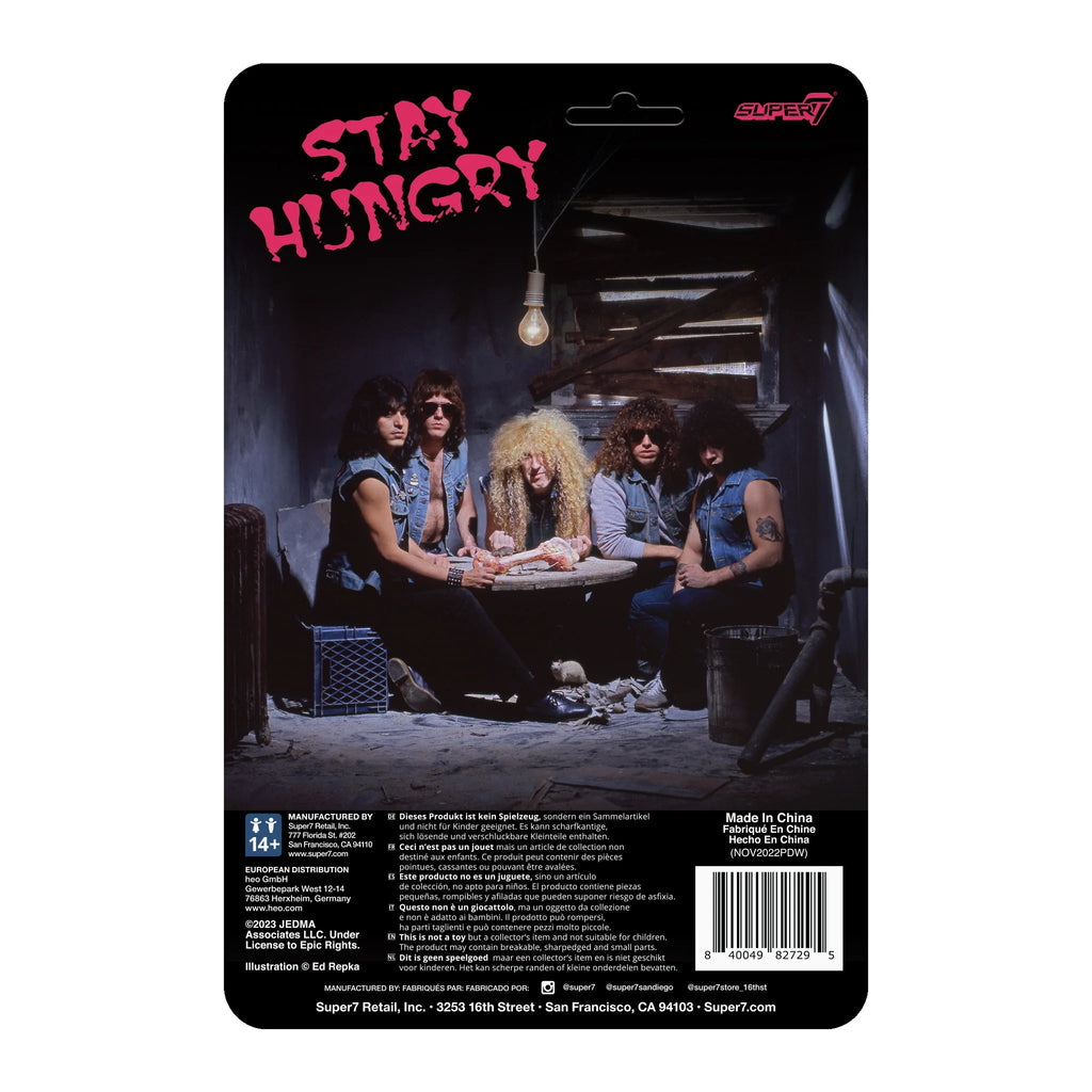 Packaging for a Twisted Sister ReAction - Dee Snyder set featuring the rock band Twisted Sister with five members in a dark, moody setting, including various instruments and accessories from Super 7 (US).
