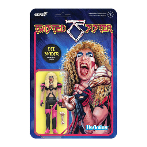Twisted Sister ReAction - Dee Snyder figure by Super 7, packaged in a blue card with vivid graphic artwork, featuring the figure in a black outfit and accessories.