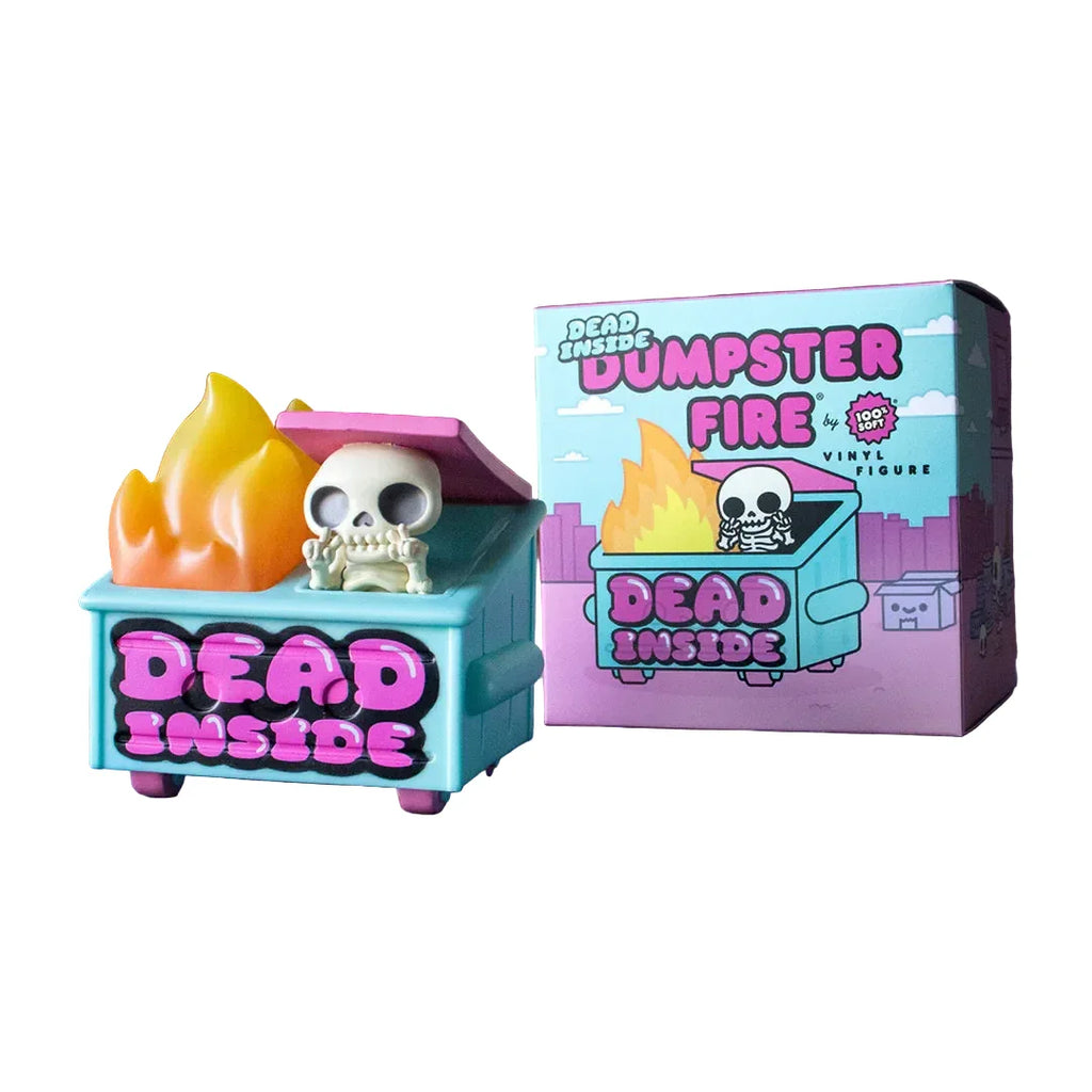 The Dead Inside Dumpster Fire Vinyl Figure by 100% Soft features a flaming dumpster with a skull and 