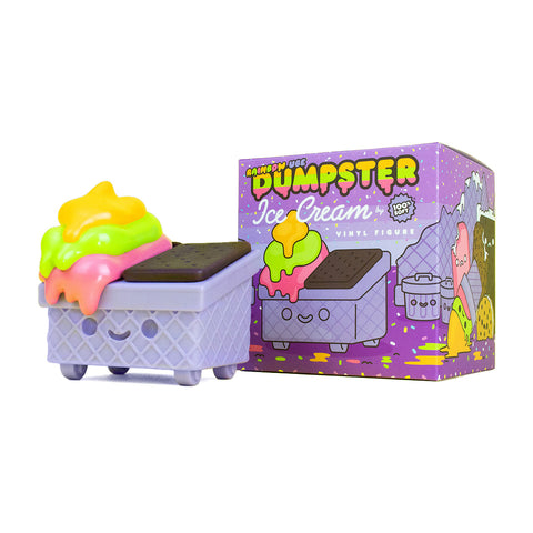 The "Dumpster Ice Cream — Rainbow Ube" vinyl figure, designed by 100% Soft, features a purple waffle-patterned dumpster topped with ice cream. It comes in a vibrant box labeled "Dumpster Ice Cream.