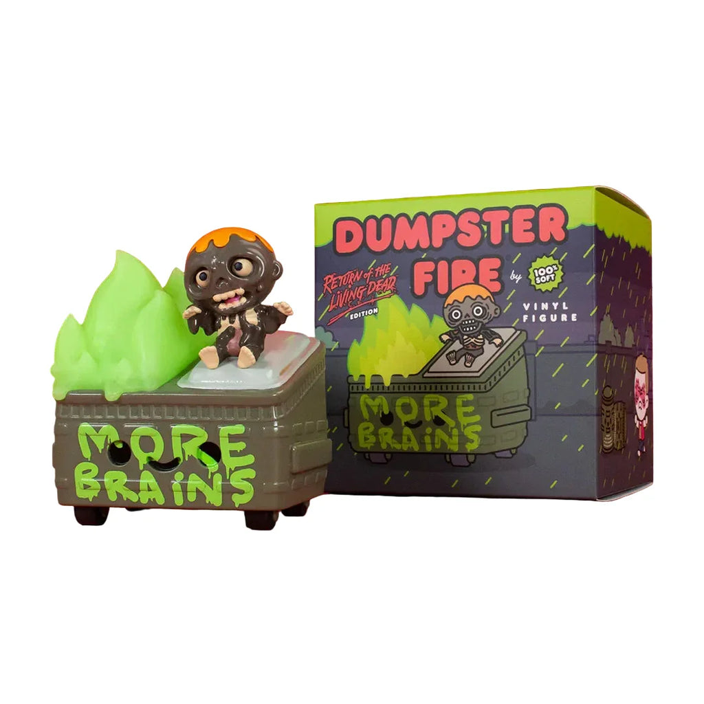 The 100% Soft Return of the Living Dead Dumpster Fire Vinyl Figure features Tarman as a zombie on a green dumpster with 