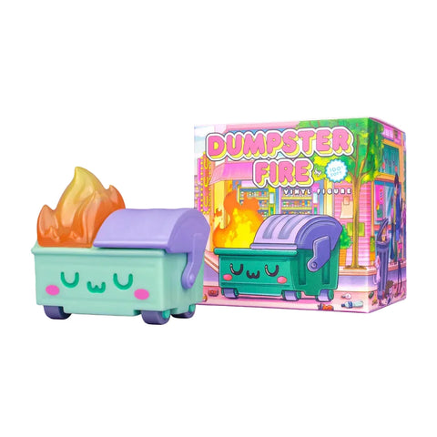 The 100% Soft Dumpster Fire Vinyl Figure - UwU Edition, featuring a smiling face, orange flames, retractable lid, and purple accents, is displayed in front of its colorful Hanavbara “Dumpster Fire” box.