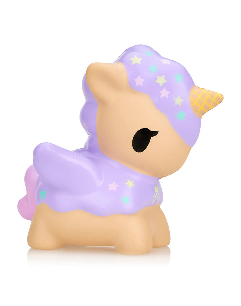 Introducing the Tokidoki Toki Mochi Donut Unicorno Sprinkle Star Special Edition, a unique unicorn toy featuring a purple body, vibrant mane, and yellow horn. This adorable collectible, decorated with charming Sprinkle Star patterns and oriented facing left, is certain to captivate any fan.