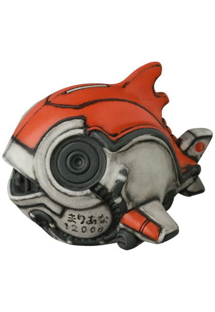 The Uomecha Mejimaguro — VAG 10th Anniversary by Medicom (JP) is a small, stylized robotic fish figurine with red and silver details plus Japanese characters, inspired by gachapon figures and crafted by Japanese vinyl toy artists.