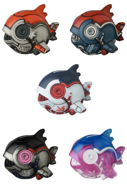 Five vibrant robotic fish figurines—Uomecha Mejimaguro from Medicom (JP), VAG 10th Anniversary edition—are displayed against a white background, inspired by Japanese gachapon vinyl toy artists.