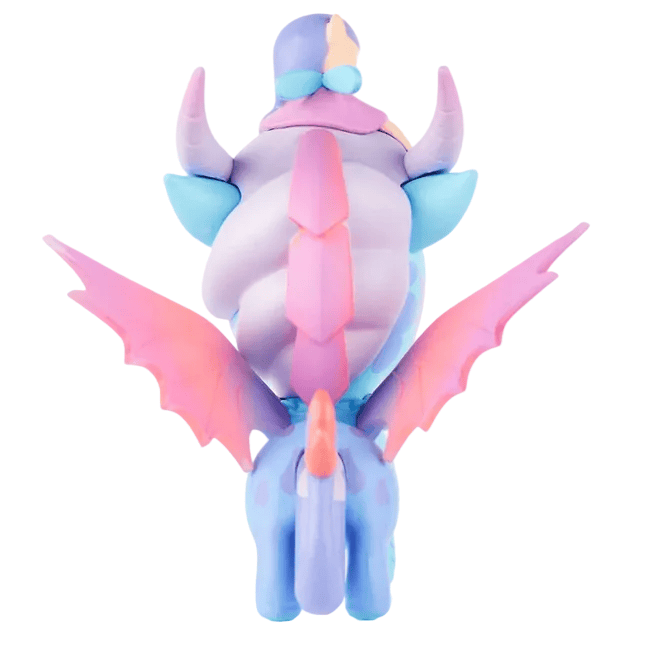 A pastel-colored, fantasy unicorn toy—tokidoki’s Mystical Dragon Unicorno - Fairy Dragon (Special Edition)—features a twisted horn, pink wings, and a braided mane and tail in shades of purple and blue as seen from the back. This enchanting figure is adorned with dragon fairy details that add a magical touch to any collection.