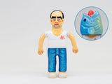 Paradise Toy's About Animals Syarizo/Fish — Series 3 features a man in a white shirt with red text and blue jeans, plus a swappable blue fish head—a quirky collectible for fans of unique designer toys.