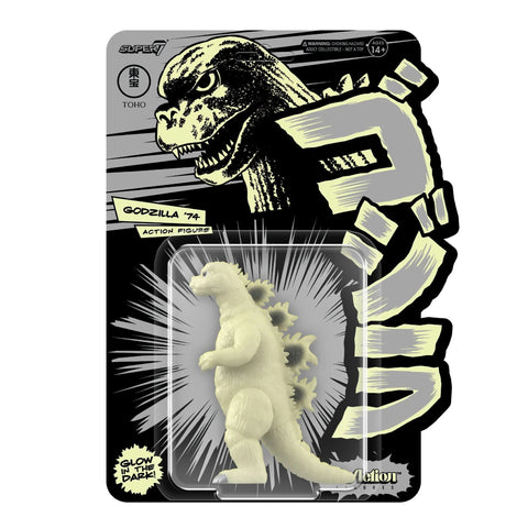Glow-in-the-dark Super 7 Godzilla '74 ReAction Figure in packaging featuring a vintage Godzilla illustration.