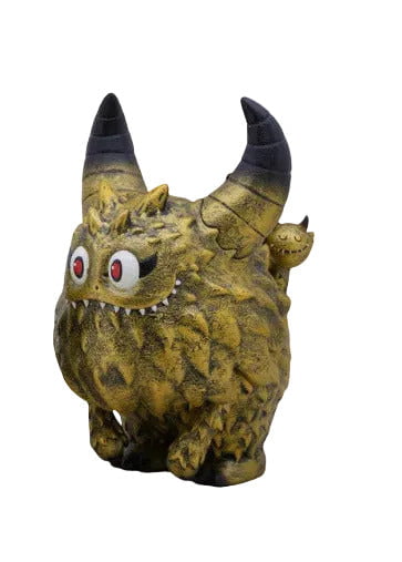 The Little Hut (HK) Rangeas Rex Jr. — Gold Patina is a small monster figurine with a textured body, big red eyes, and a short tail, standing on four legs—a unique collectible toy for fans.