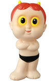 The Medicom (JP) VAG 42 — HAPY is a cartoonish vinyl toy inspired by Japanese artists, featuring red hair, yellow horns, large yellow eyes, crossed arms, and black underwear, standing facing forward.