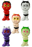 VAG 42 — HAPY by Medicom (JP): Set of five small Japanese vinyl figures with devil-like features in red, white, beige, purple, and green—each with black shorts and horns. Perfect for any gachapon collection.