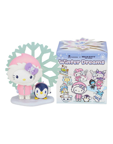 The "tokidoki x Hello Kitty and Friends Winter Dreams Blind Box" by Tokidoki features a charming Hello Kitty figurine in winter attire with an adorable penguin, all part of a colorful collection that captures the snowy adventures of Hello Kitty and her friends.