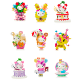 Nine figurines of the vibrant Hello Kitty, each uniquely adorned with themes such as flowers, cakes, and costumes, arranged in a 3x3 grid on a white background. Discover the allure of the Tokidoki x Hello Kitty 50th Birthday Blind Box Series in every exquisite detail.