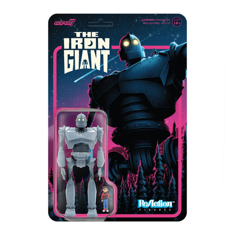 Packaged The Iron Giant ReAction figure from the movie, presented in a retro style card with an illustrated background featuring the giant and Hogarth Hughes.