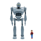 A large Super 7 Iron Giant ReAction figure standing next to a small articulated action figure of Hogarth Hughes, both isolated on a white background.